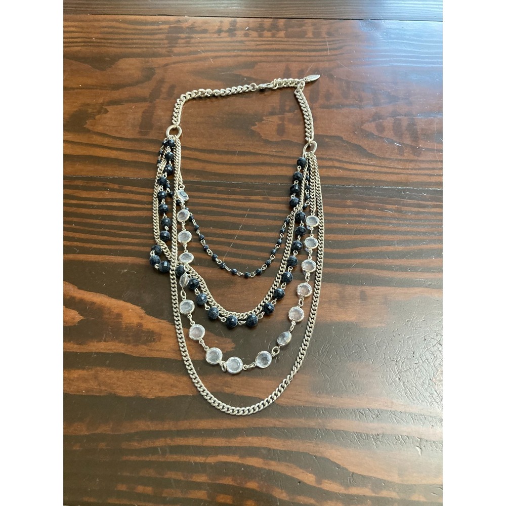 Coldwater Creek‎ Signed Jewelry Necklace Black Beaded Silver Chain Multi Strand
